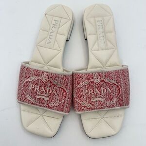 Prada Red White Jacquard canvas logo embroidered quilted leather sandals EU 38.5